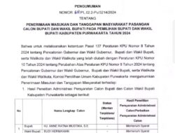 Pengumuman KPU Tentang Penerimaan Masukan dan Tanggapan Masyarakat Pasangan Calon Bupati dan Wakil Bupati Kabupaten Purwakart Tahun 2024